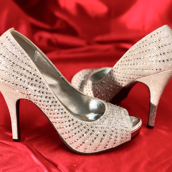 DEB Sparkly Silver Rhinestoned Peep Toe Stiletto High Heel Pumps~Wedding Prom~7 - Picture 5 of 12